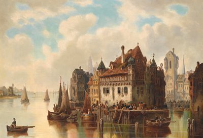Veduta fantastica di una città sul fiume da Ludwig Hermann